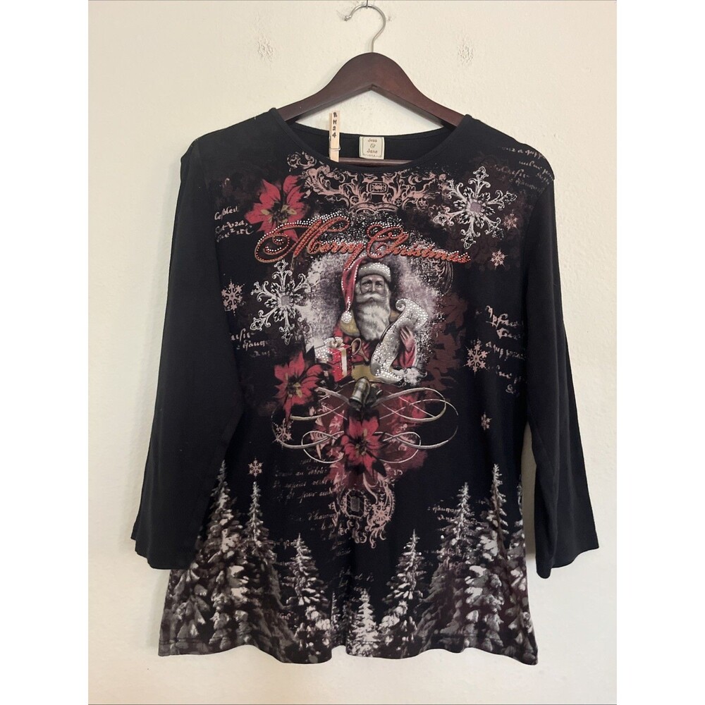 Jess & Jane USA Cotton 3/4 Sleeve Merry Christmas Santa Clause Top Shirt SZ L